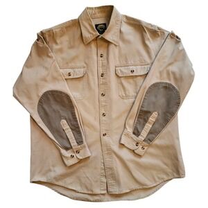 Cabelas Mens XL Tan Cotton Canvas Button Down Shirt Elbow Patches Fishing Season